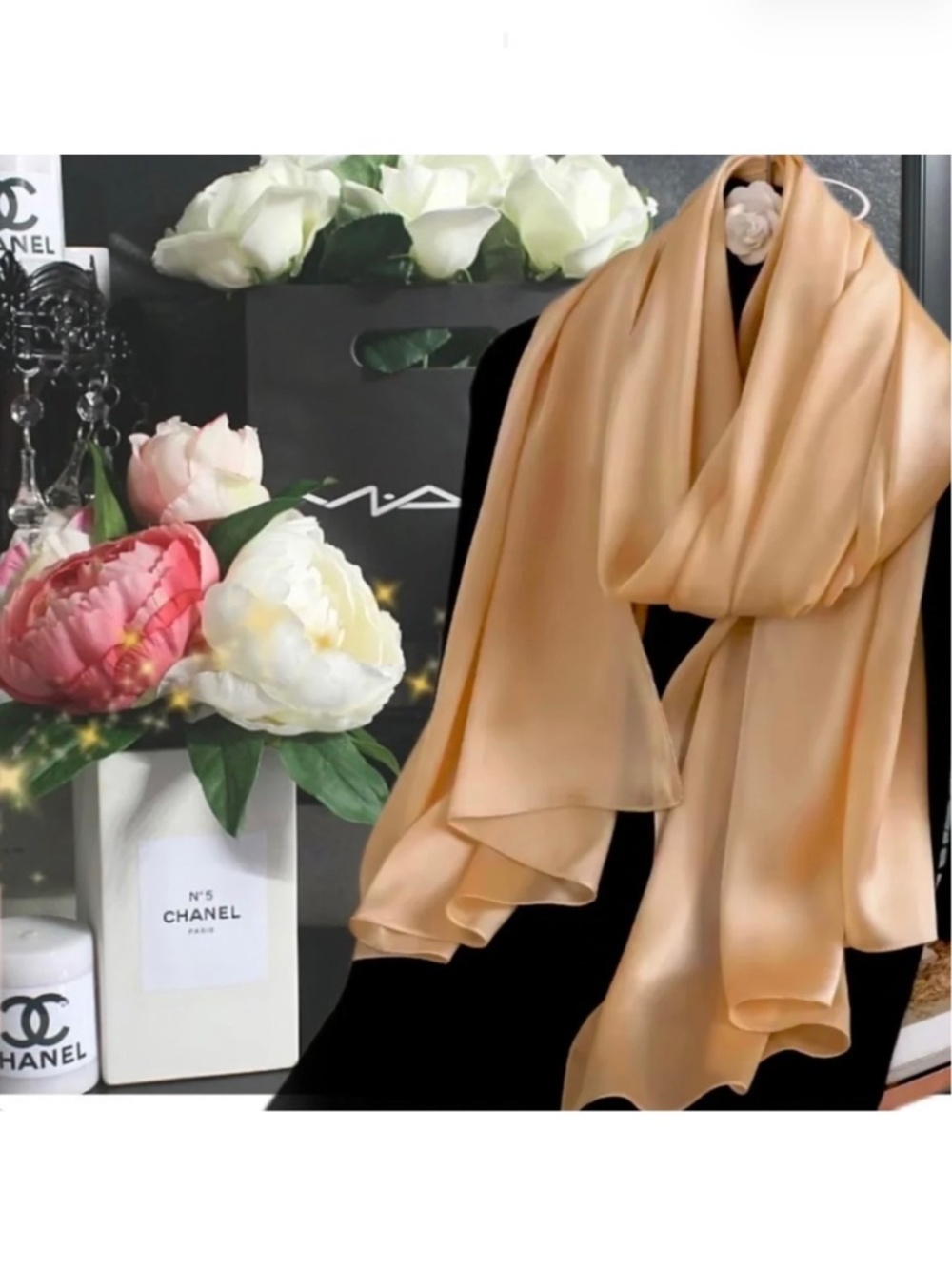 Light Caramel Beige 100% SILK SATIN Large Shawl Scarf Wrap Wedding Cover Up